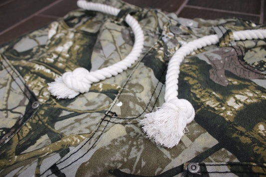 BAGGY CAMO CARPENTER JORTS WITH ROPE STRINGS