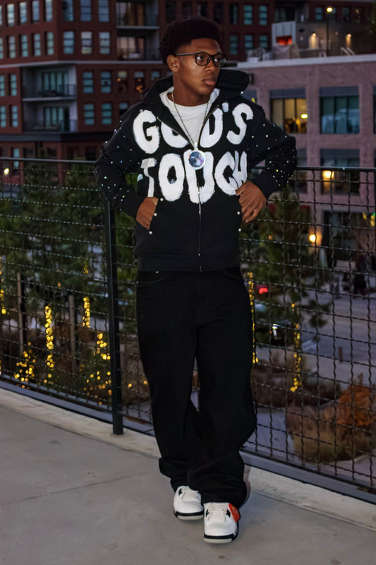 Black God’s Touch Hoodie (Pearls & Rhinestones)