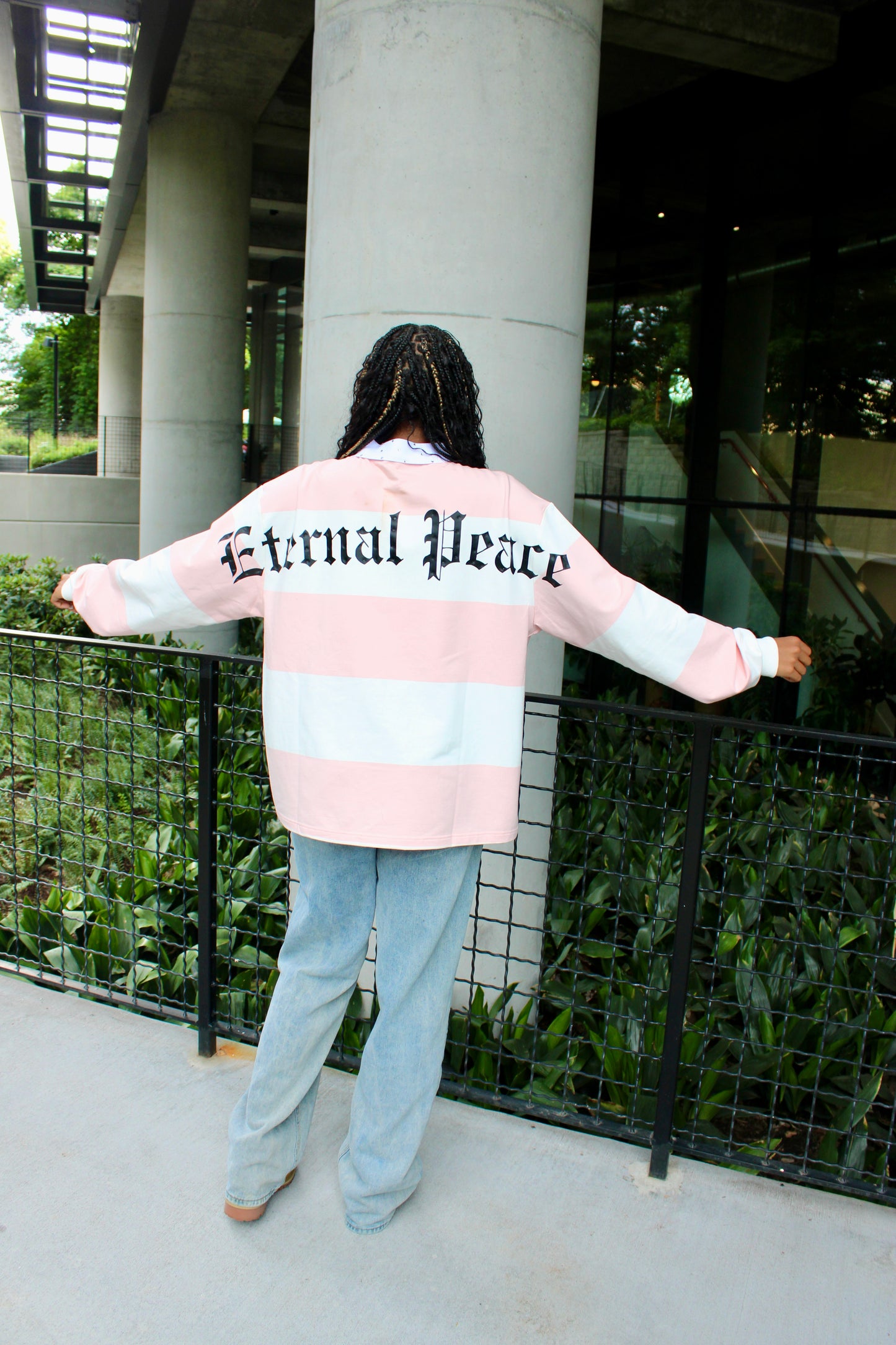 Pink and White Rugby Long Sleeve Shirt with Diamond Collar